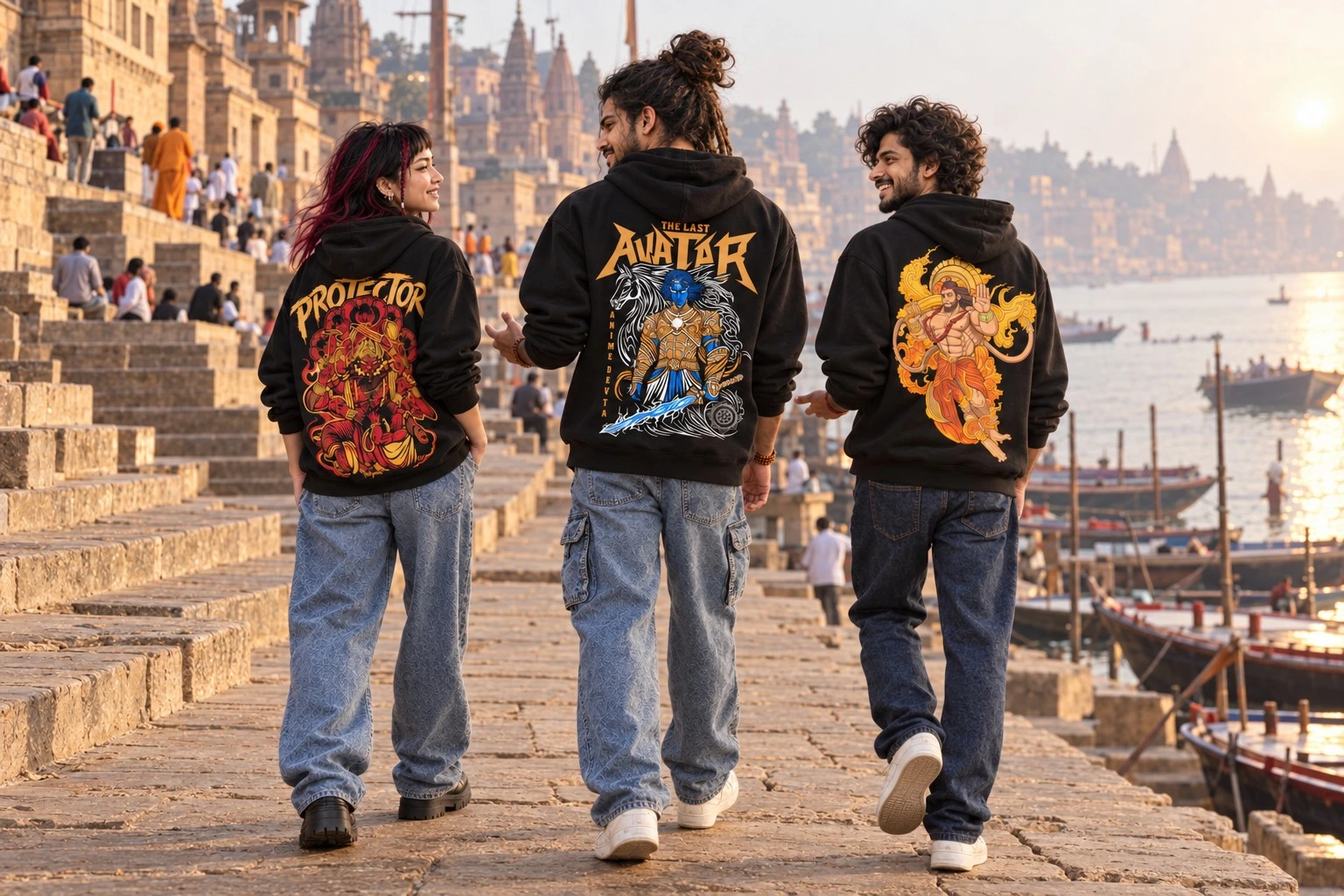 Laija, Rudra and Hanumanta wearing Anime Devta hoodies on the ghats of Kashi