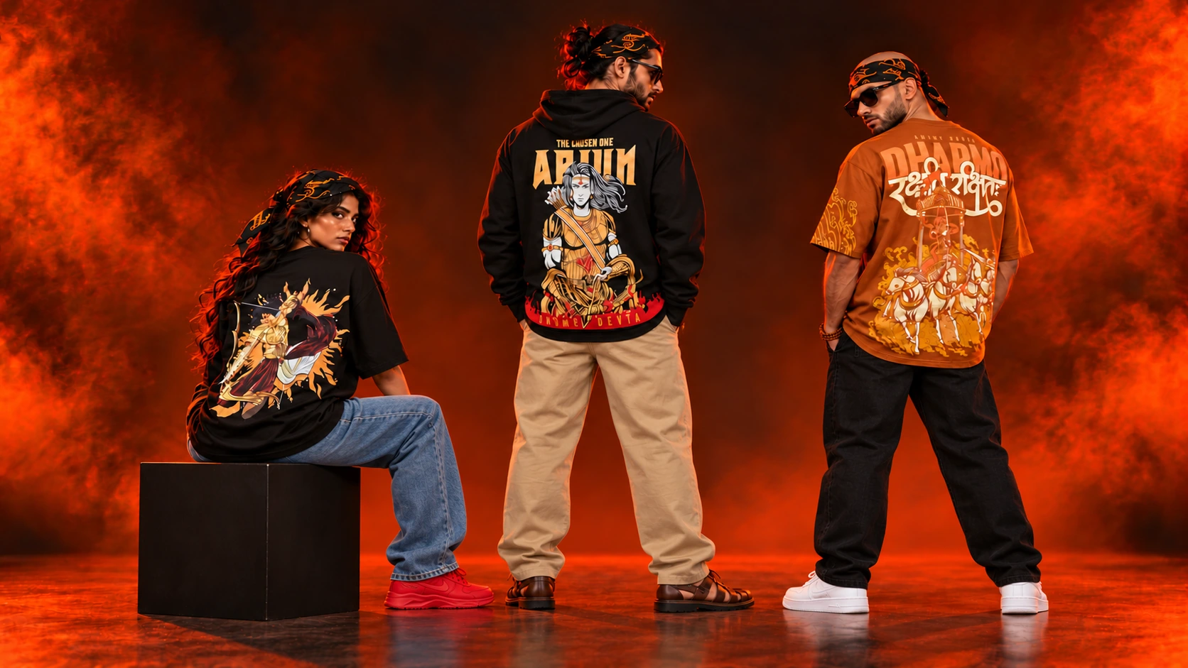 Three models wearing the Karna tee, Arjun hoodie and Dharmo Rakshit Rakshita tee