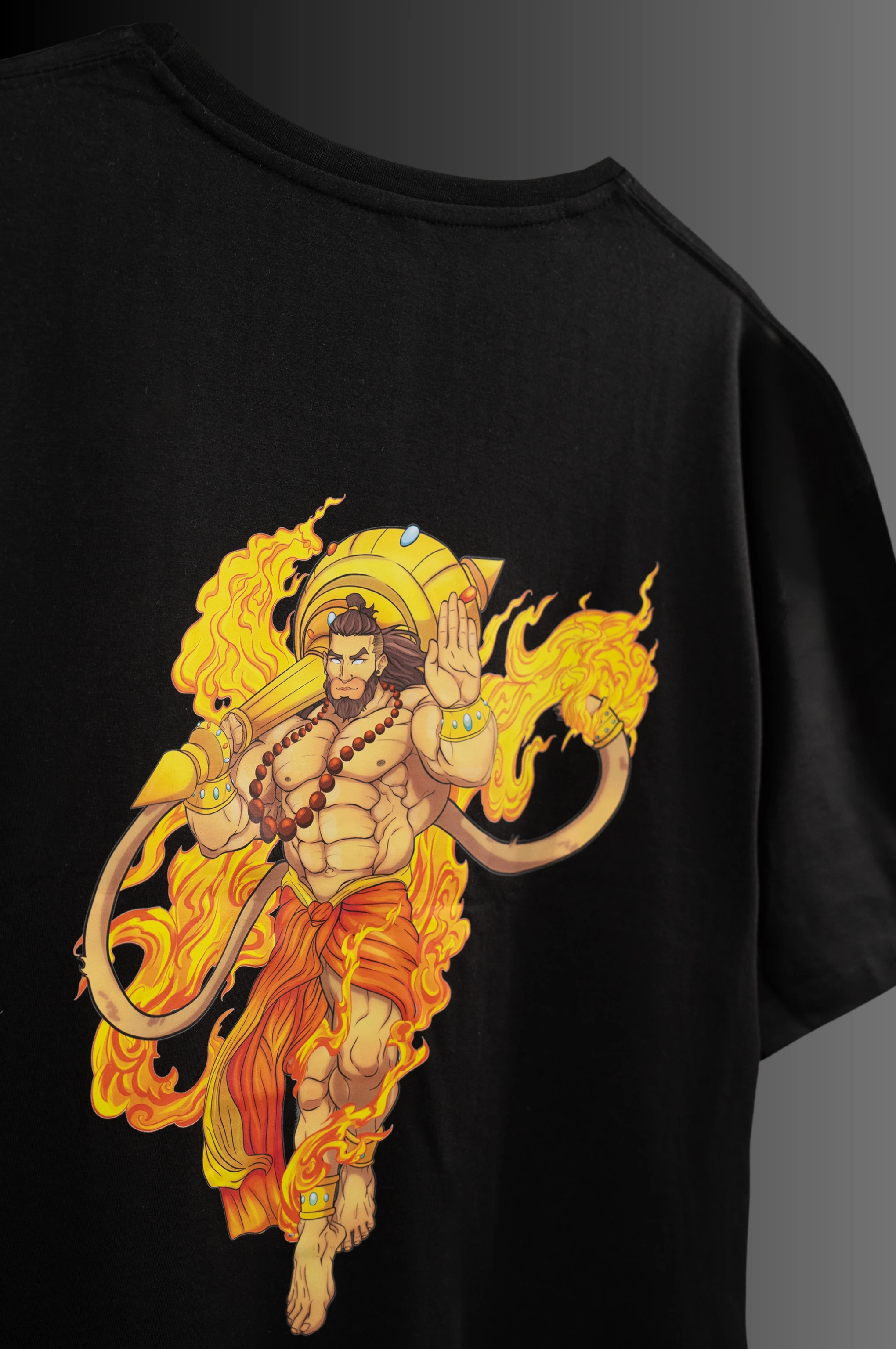 Close-up of the original Hanuman Ji back artwork on the black T-shirt