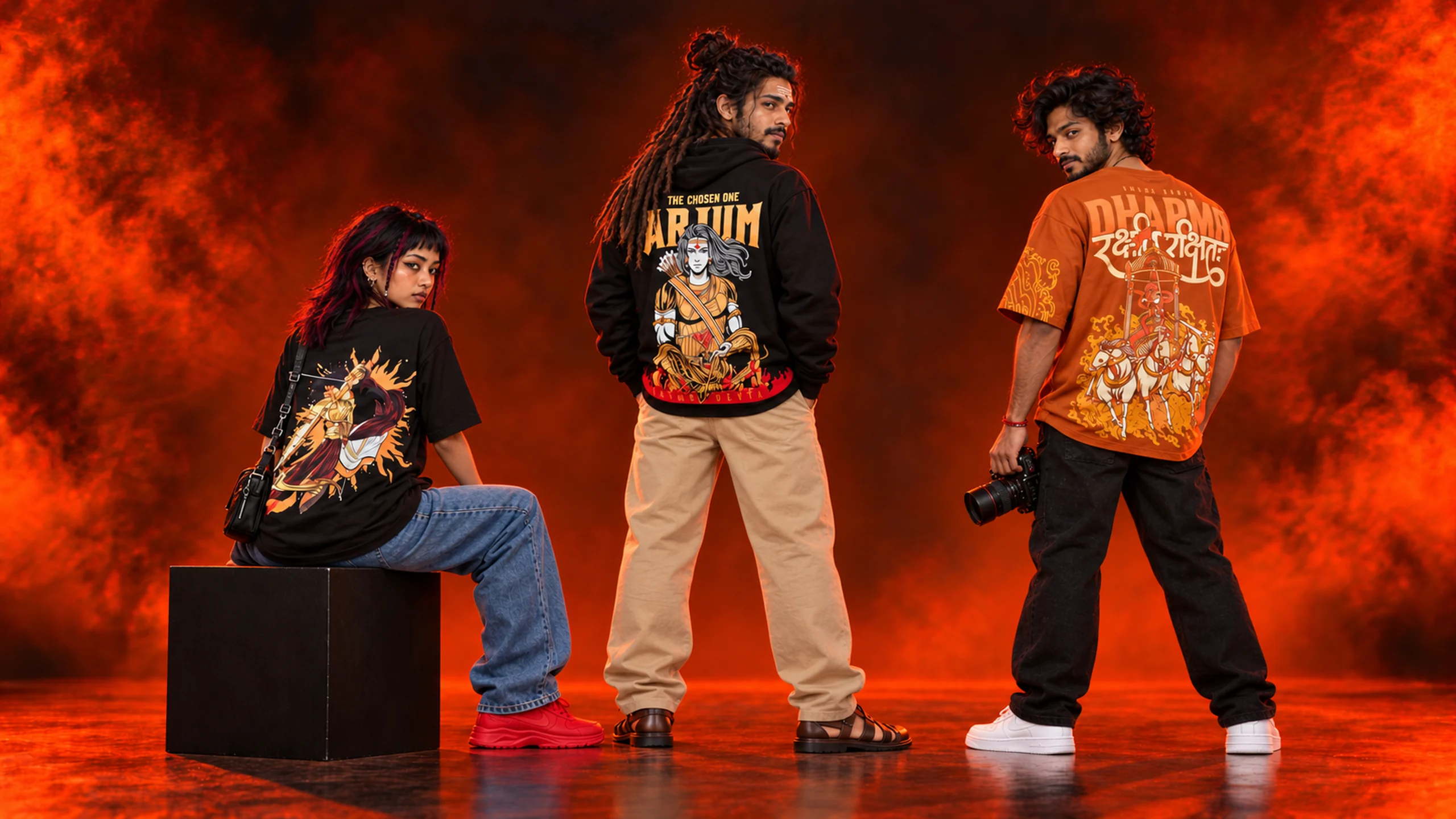Three models wearing the Karna tee, Arjun hoodie and Dharmo Rakshit Rakshita tee