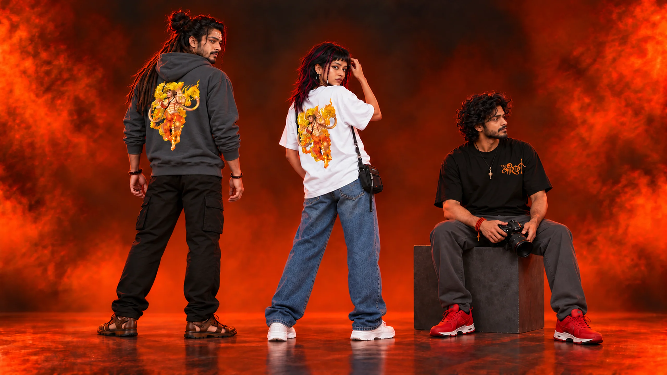 Three models wearing the charcoal Hanuman Ji hoodie, white back-print tee and black front tee