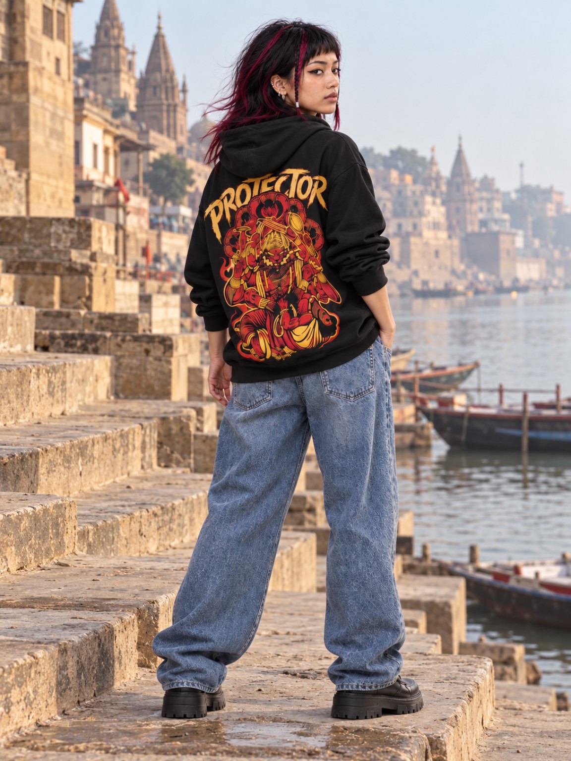 Laija on the Kashi ghats wearing the black Protector hoodie