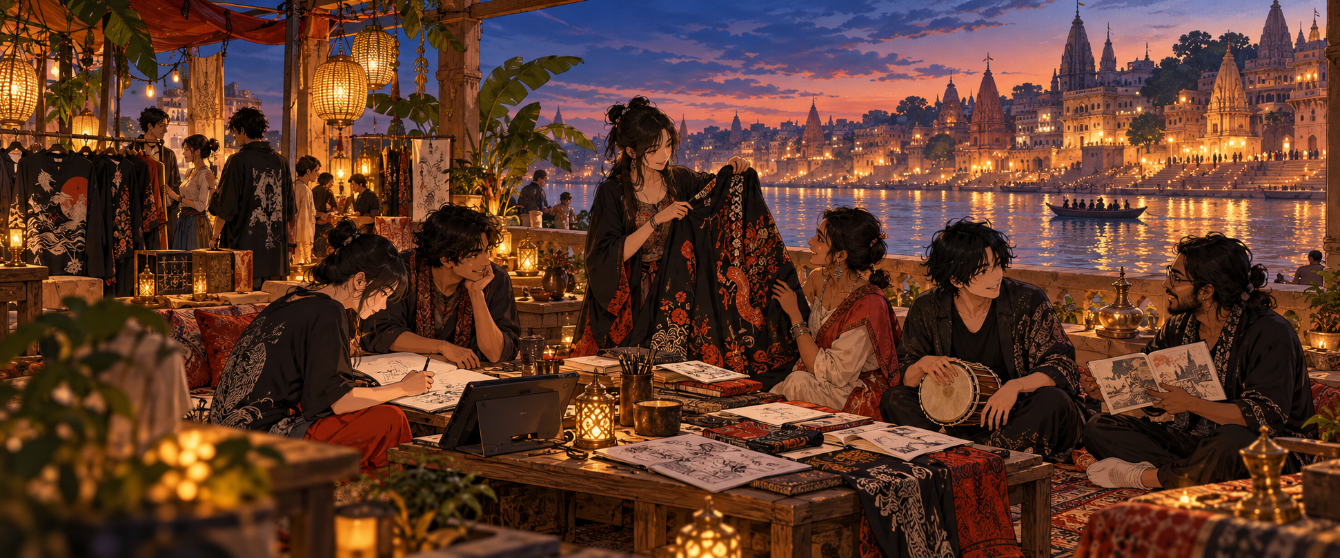 Anime artists, a textile designer and musicians sharing ideas around a table overlooking the ghats of Kashi
