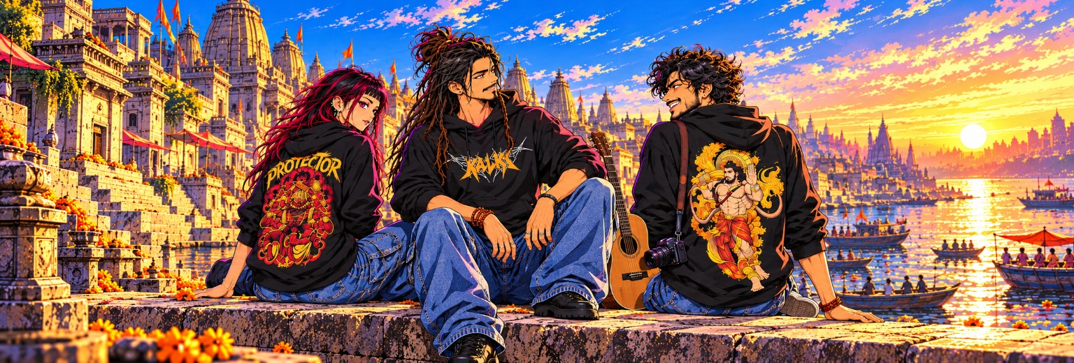 Anime versions of Laija, Rudra and Hanumanthu together on the Kashi ghats
